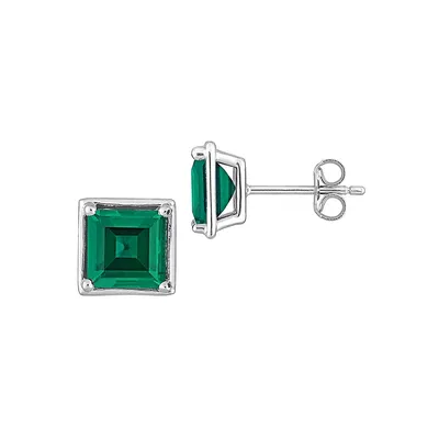 Sterling Silver & Lab-Created Emerald Square Stud Earrings