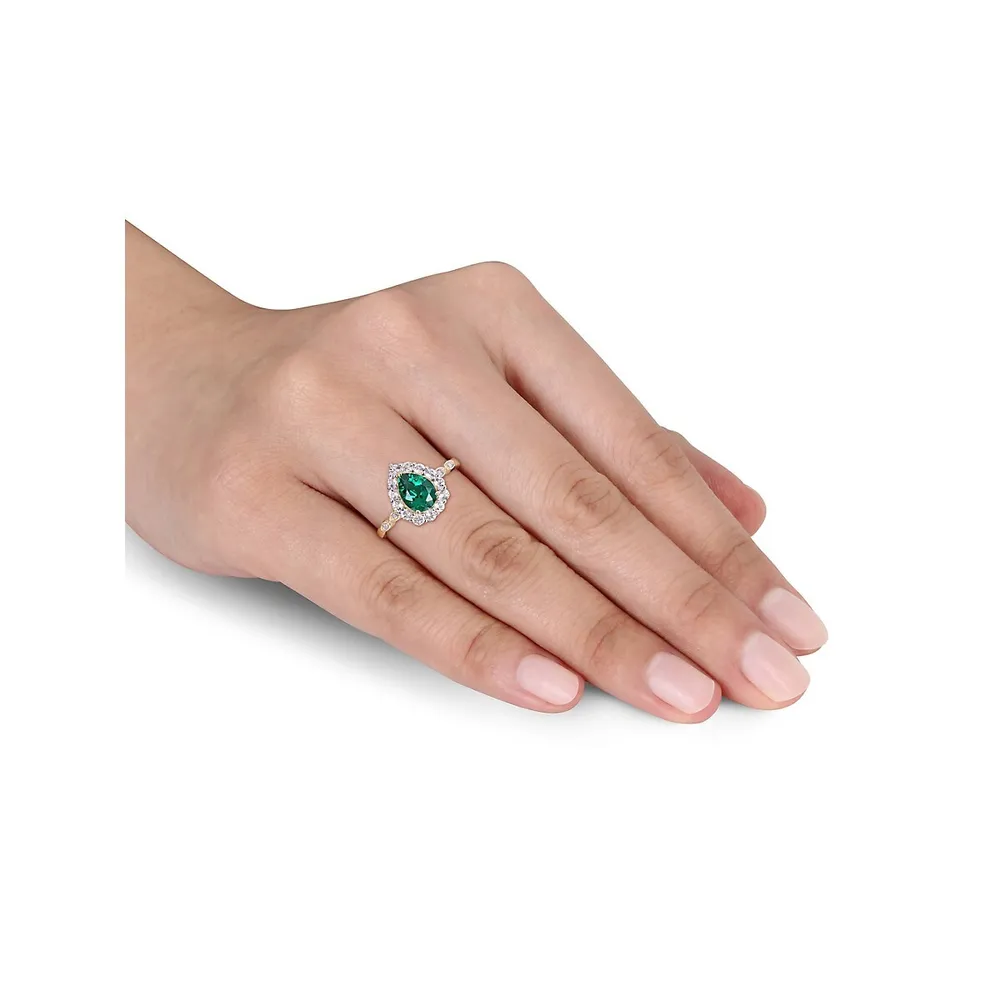 10K Yellow Gold, Lab-Created Emerald, White Topaz & 0.02 CT. T.W. Diamond-Accent Teardrop Halo Ring