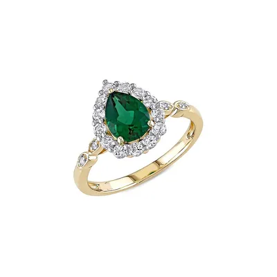 10K Yellow Gold, Lab-Created Emerald, White Topaz & 0.02 CT. T.W. Diamond-Accent Teardrop Halo Ring