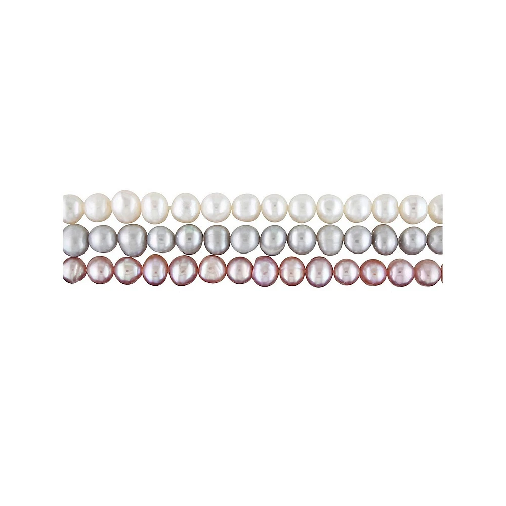 Ce superbe ensemble de trois bracelets extensibles comprend des perles d'eau douce de culture roses, grises et blanches et est offert avec un ruban gris pour offrir des cadeaux.