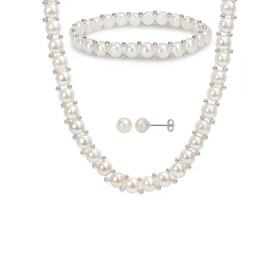 3-Piece Sterling Silver 6MM-8MM Cultured Freshwater Pearl Necklace, Bracelet & Earring Set