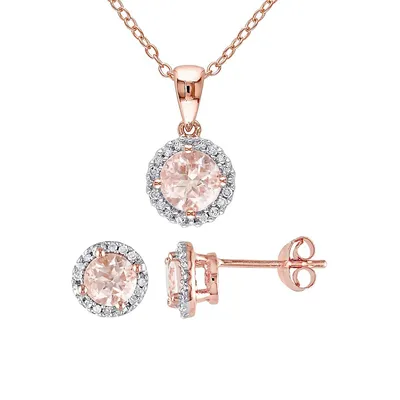 2-Piece Rosetone-Plated Sterling Silver, Morganite & 0.17 CT. T.W. Diamond Halo Stud Earrings & Necklace Set