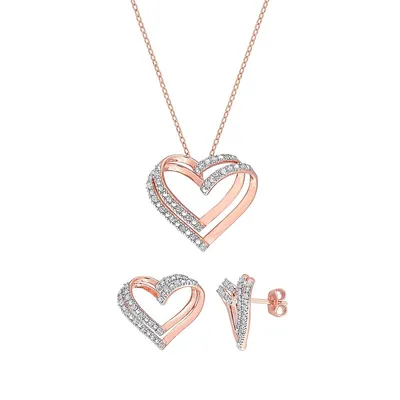 Rosetone-Plated Sterling Silver & 0.4 CT. T.W. Diamond Double-Heart 2-Piece Necklace & Earrings Set