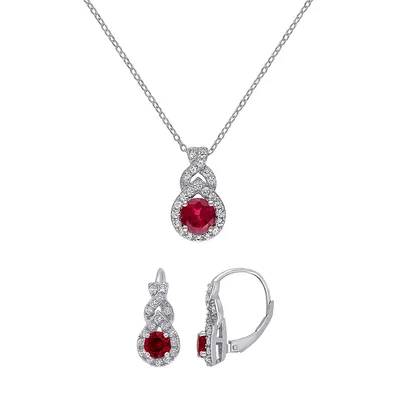 2-Piece Sterling Silver, Created Ruby & Created White Sapphire Twist Teardrop Necklace & Earrings Set