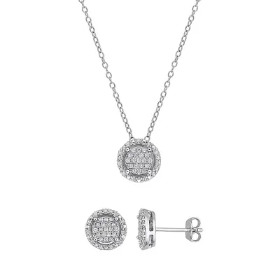 2-Piece Sterling Silver & 0.5 CT. T.W. Diamond Halo Stud Earrings & Pendant Necklace Set