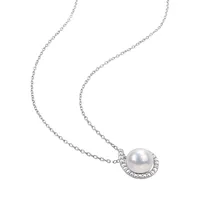 Sterling Silver, 8MM-8.5MM Cultured Pearl & 0.03 CT. T.W. Diamond Halo Pendant Necklace & Stud Earrings 2-Piece Set