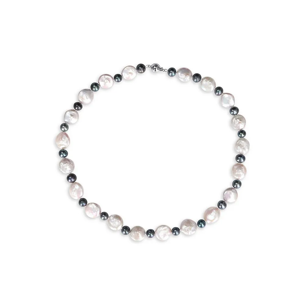 Sterling Silver, 13MM-13.5MM White Cultured Freshwater Pearl & 7MM-7.5MM Black Cultured Freshwater Pearl Strand Necklace - 18-Inch