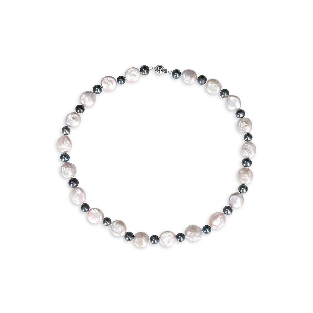 Sterling Silver, 13MM-13.5MM White Cultured Freshwater Pearl & 7MM-7.5MM Black Cultured Freshwater Pearl Strand Necklace - 18-Inch