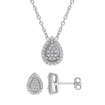 2-Piece Sterling Silver & 0.3 CT. T.W. Diamond Halo Stud Earrings & Pendant Necklace Set