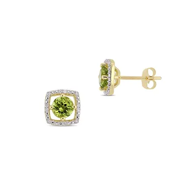 10K Yellow Gold and Peridot Halo Birthstone Stud Earrings with 0.07 CT. T.W. Diamond