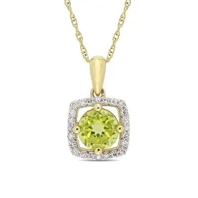 10K Yellow Gold and Peridot Halo Birthstone Necklace with 0.1 CT. T.W. Diamond