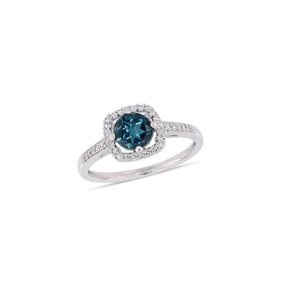 10K White Gold and London-Blue Topaz Halo Birthstone Ring with 0.14 CT. T.W. Diamond