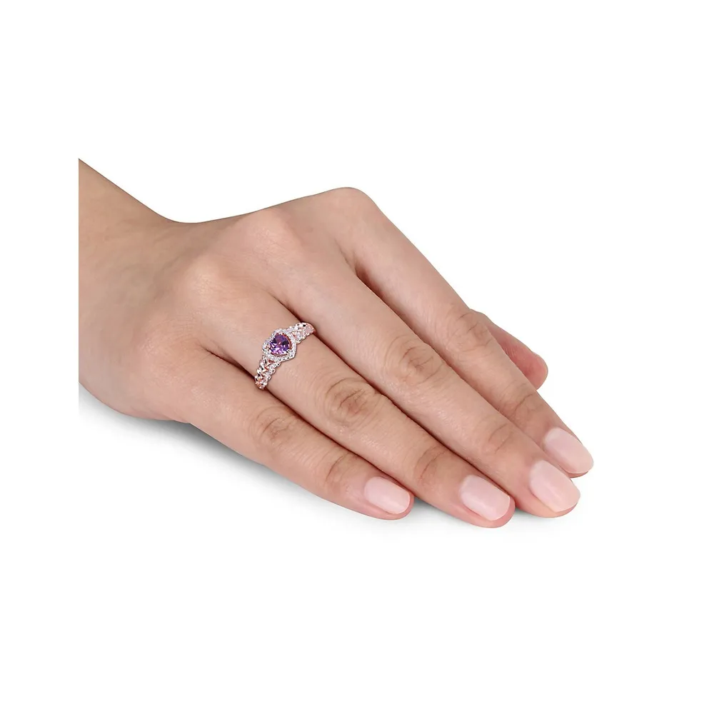 10K Rose Gold and Amethyst Halo Heart Ring with 0.06 CT. T.W. Diamond
