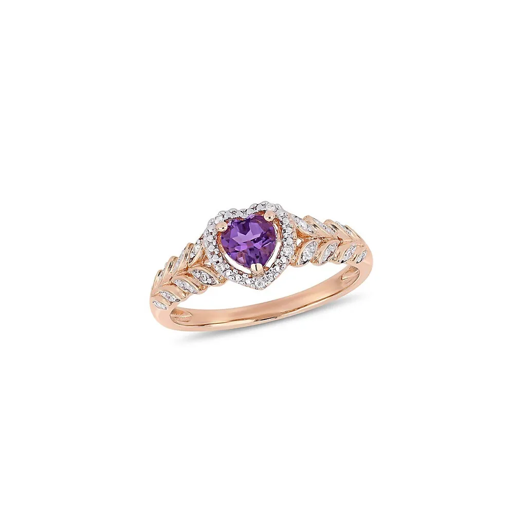 10K Rose Gold and Amethyst Halo Heart Ring with 0.06 CT. T.W. Diamond