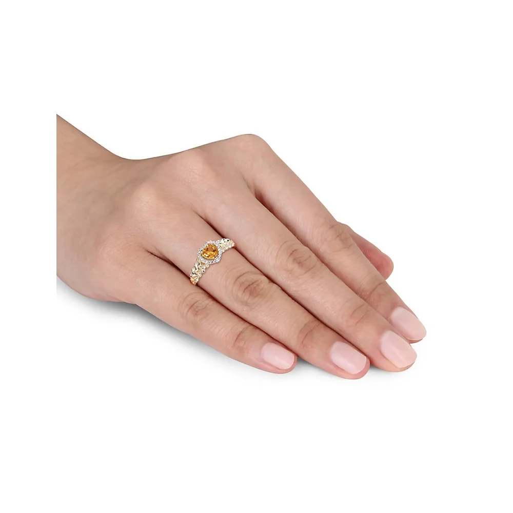 10K Yellow Gold and Citrine Halo Heart Ring with 0.06 CT. T.W. Diamond