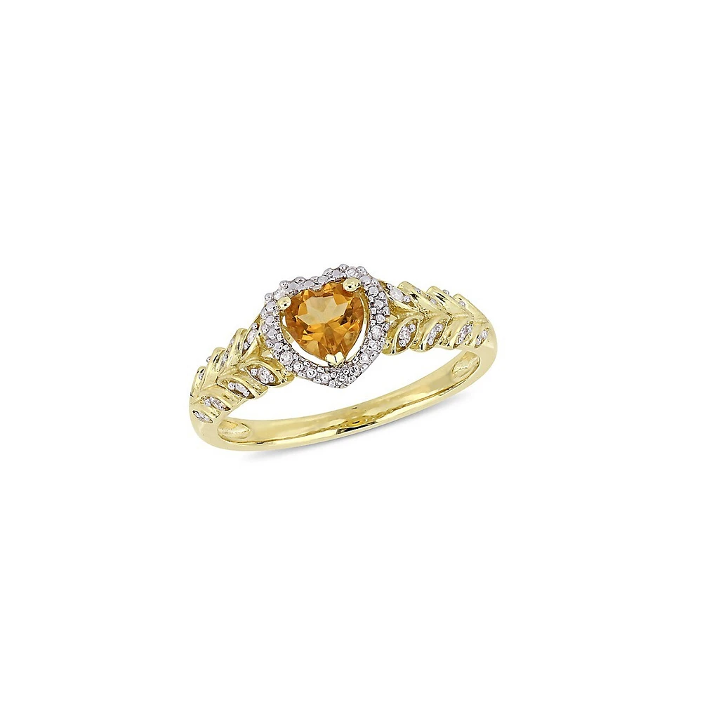 10K Yellow Gold and Citrine Halo Heart Ring with 0.06 CT. T.W. Diamond