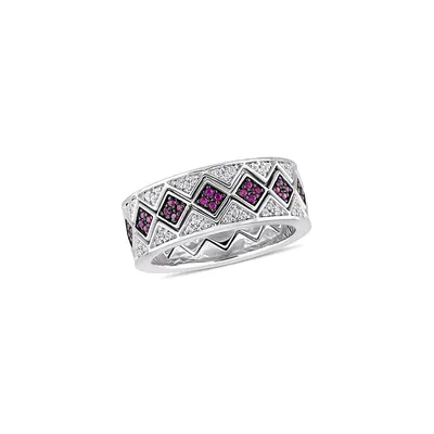 Silver Gemstone Sterling Band Ring with Created Ruby and White Sapphire