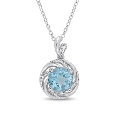 Silver Gemstone Sterling Silver Love Knot Swirl Pendant Necklace with Blue and White Topaz, and 0.01 CT. T.W. Diamonds