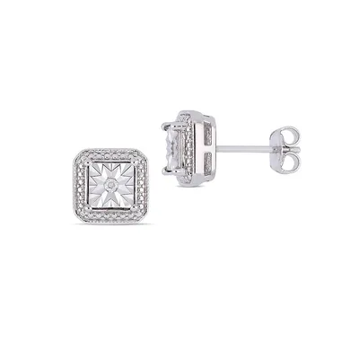 Halo round Sterling Silver Stud Earrings with 0.04 CT. T.W. Diamond