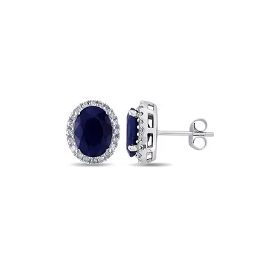 .375 CT Diamond TW And 5.3 CT TGW Diffused Sapphire Ear Pin 14k White Gold Earrings
