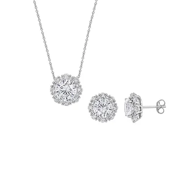 2-Piece 10K White Gold & Lab-Grown White Sapphire Necklace & Halo Earrings Set