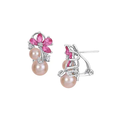 Boucles d'oreilles en argent sterling avec perles d'eau douce de culture roses de 6 à 8,5 mm et grappe de saphirs synthétiques