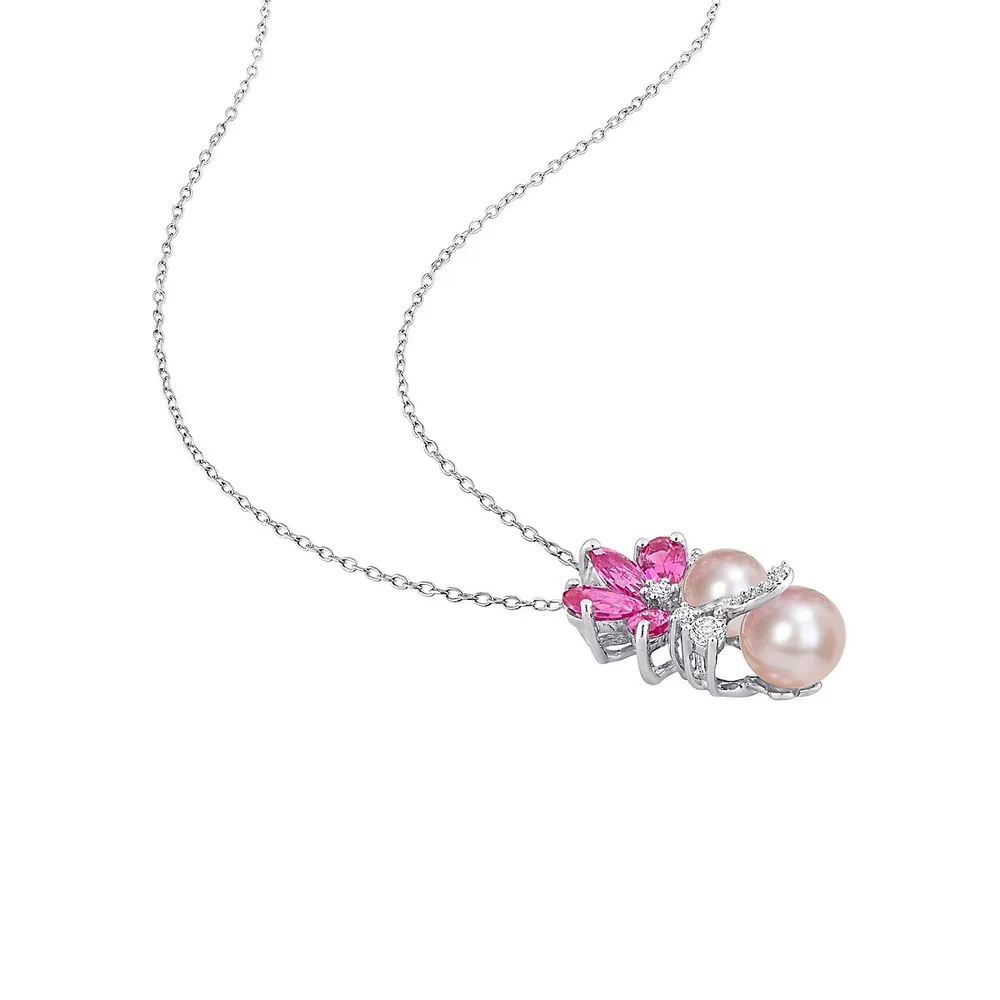 Sterling Silver, 7-9MM Pink Cultured Freshwater Pearl & Lab-Grown Sapphire Cluster Necklace