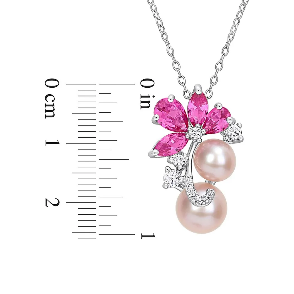 Sterling Silver, 7-9MM Pink Cultured Freshwater Pearl & Lab-Grown Sapphire Cluster Necklace