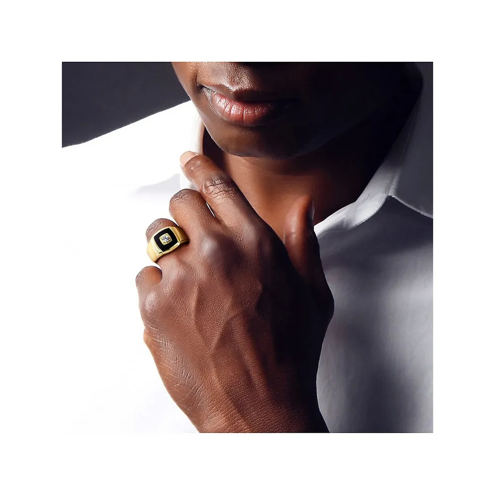 Men's Yellow-Plated Sterling Silver, Onyx & Lab-Grown White Sapphire Ring