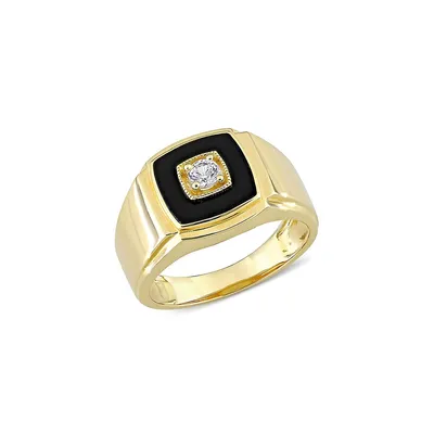Men's Yellow-Plated Sterling Silver, Onyx & Lab-Grown White Sapphire Ring