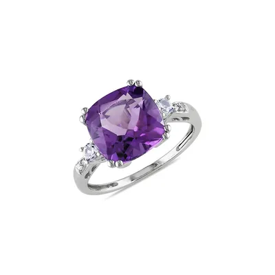 10K White Gold Amethyst, Sapphire And Diamond Accent Ring