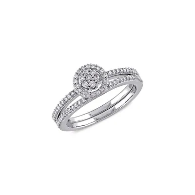 10K White Gold & 0.33 Ct Tw Diamond Cluster Halo Bridal Ring Set
