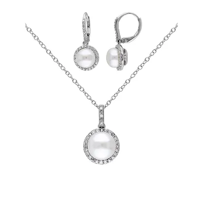 2 pièces en argent sterling, 8 mm-9 mm en eau douce culture perle et 0,3 ct. Ensemble de boucles d'oreilles et de pendentifs en diamant PT.