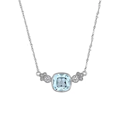 10K White Gold, Blue Topaz Lab-Created White Sapphire Diamond Accent 3 Stone Necklace