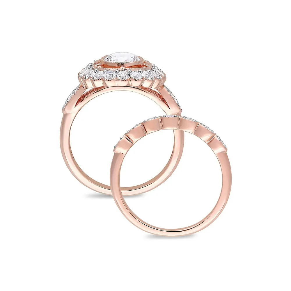 2-Piece 10K Rose Gold & Lab-Created White Sapphire Openwork Beaded Halo Bridal Ring Set