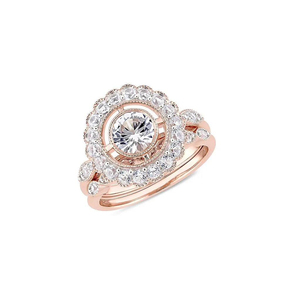 2-Piece 10K Rose Gold & Lab-Created White Sapphire Openwork Beaded Halo Bridal Ring Set