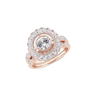 2-Piece 10K Rose Gold & Lab-Created White Sapphire Openwork Beaded Halo Bridal Ring Set