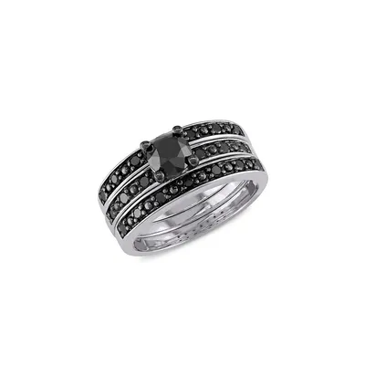 Ensemble de bagues mariage en argent sterling plaqué rhodium noir avec diamants noirs 1,1 ct PT, 3 pièces