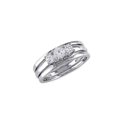 10K White Gold & Lab-Created Sapphire Three-Stone Three-Piece Bridal Ring Set