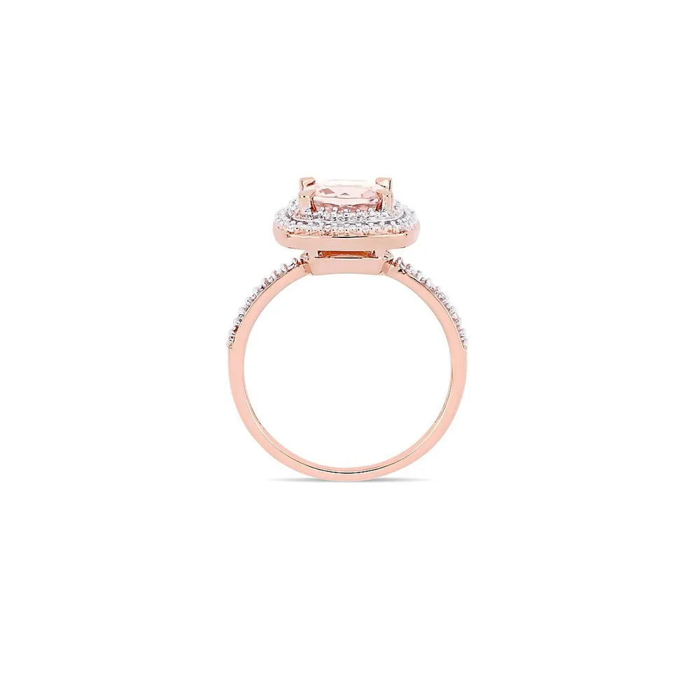 Bague en or rose 14 ct avec morganite et pourtour double de diamants 0,1 PT