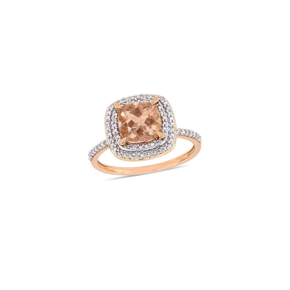 Bague en or rose 14 ct avec morganite et pourtour double de diamants 0,1 PT