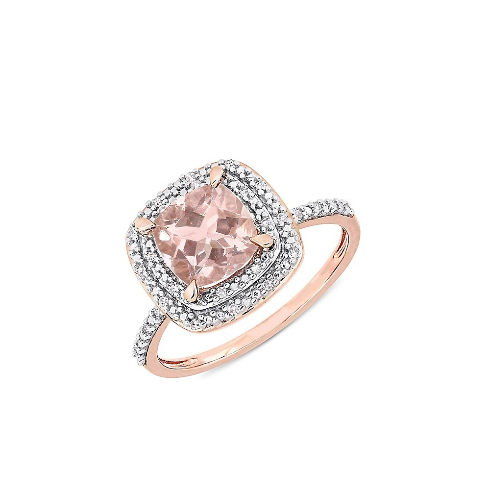 Bague en or rose 14 ct avec morganite et pourtour double de diamants 0,1 PT