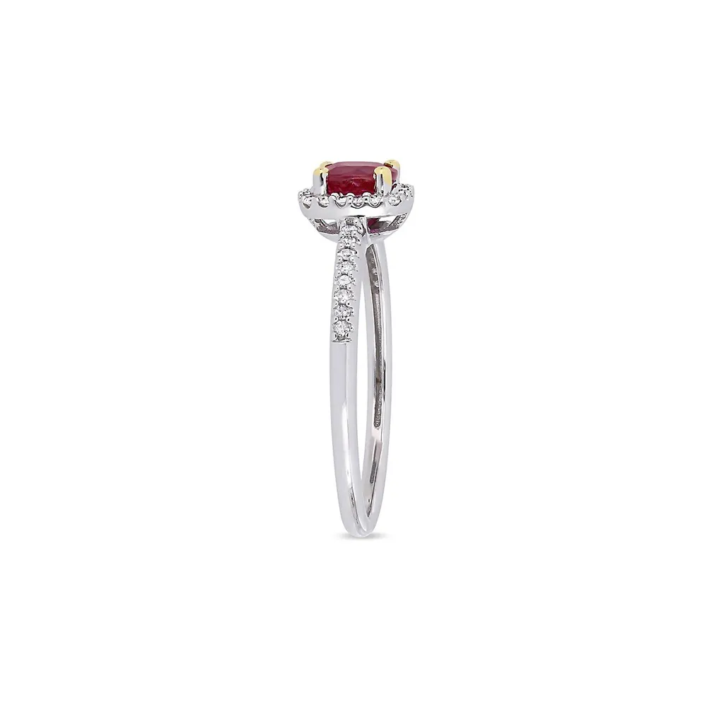 Vault 14K White Gold, Yellow Gold and Ruby Halo Ring with 0.14 CT. T.W. Diamond