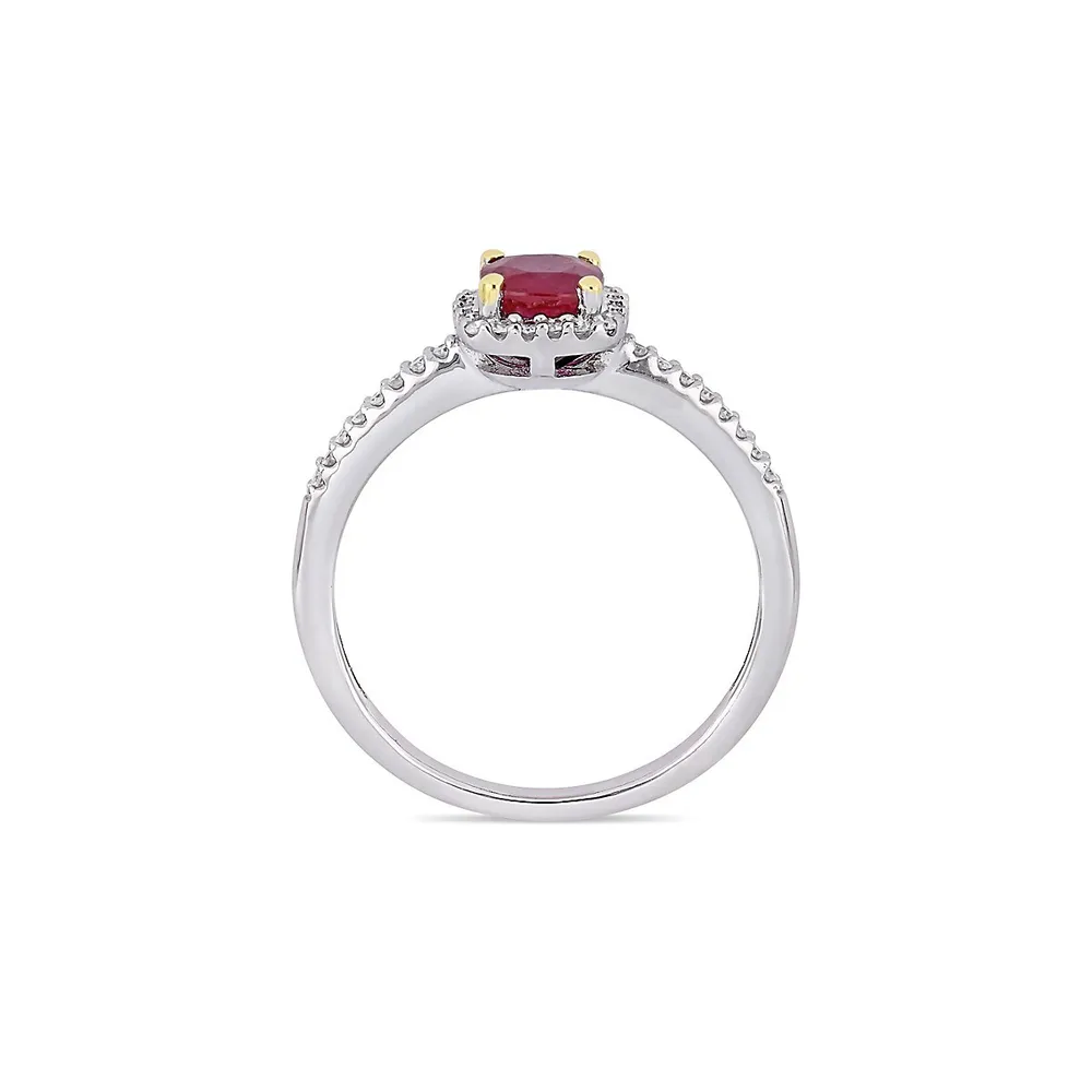 Vault 14K White Gold, Yellow Gold and Ruby Halo Ring with 0.14 CT. T.W. Diamond