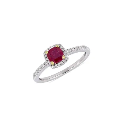 Bague en or blanc et jaune 14 ct à pourtour rubis diamants 0,14 PT