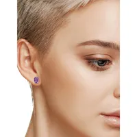 Sterling Silver & Oval Amethyst Heart Stud Earrings