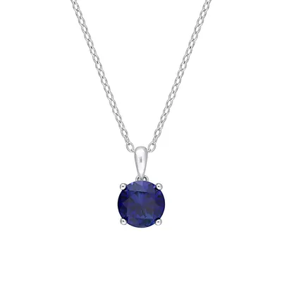 Sterling Silver & Lab-Created Blue Sapphire Solitaire Pendant Heart Detail Necklace