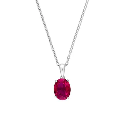 Sterling Silver & Lab-Created Ruby Oval Solitaire Pendant Necklace