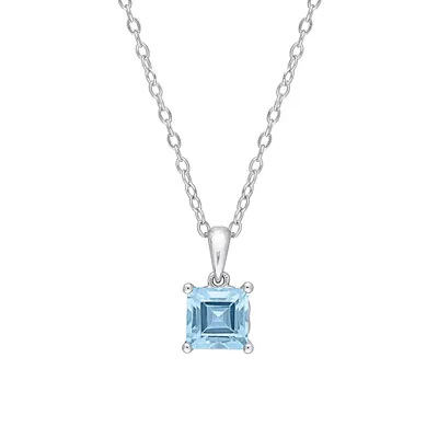 Sterling Silver & Princess Cut Sky Blue Topaz Solitaire Pendant Necklace