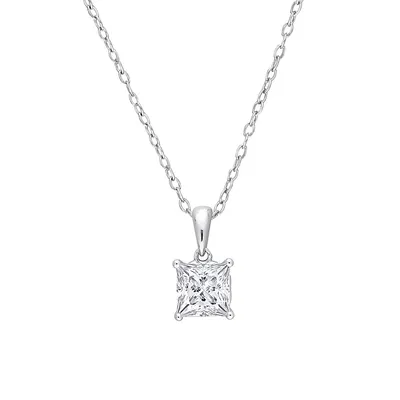 Sterling Silver & Created White Sapphire Princess-Cut Solitaire Pendant Necklace